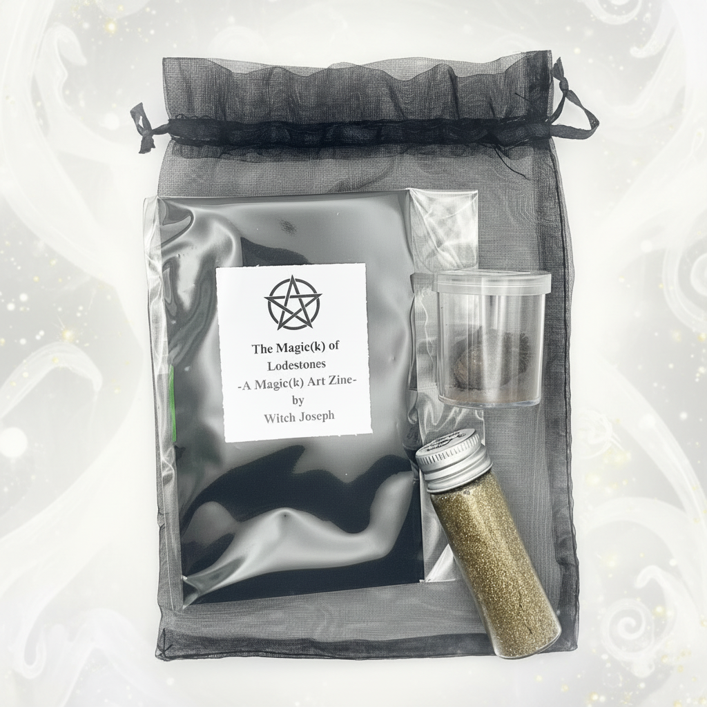 Drawstring bag with contents including a zine and lodestone and gold tone magnetic sand on a light gray background