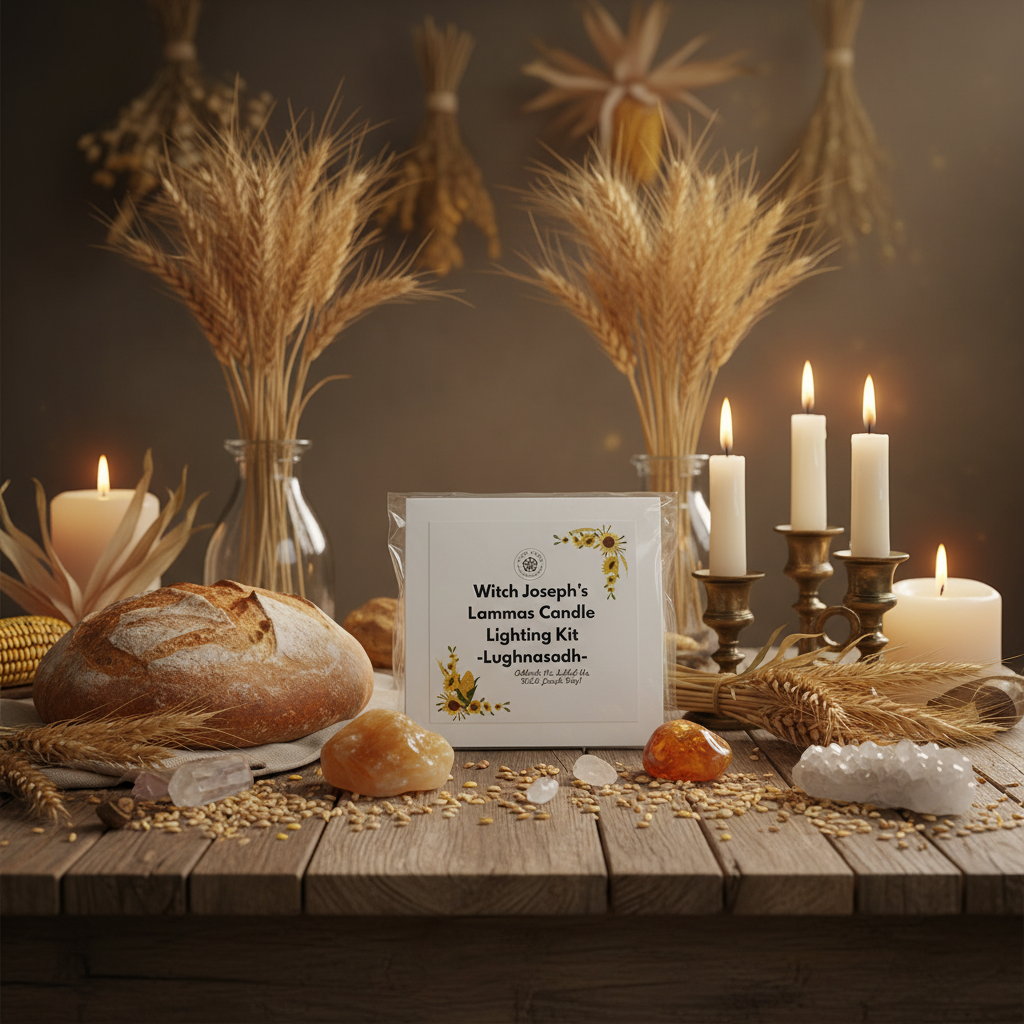 Witch Joseph's Lammas Candle Lighting Kit on a wooden table with candles, bread, and grains.