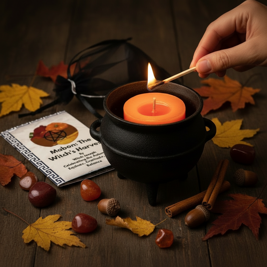 The orange mabon candle being lit in a cauldron with the Mabon zine lying next to it.