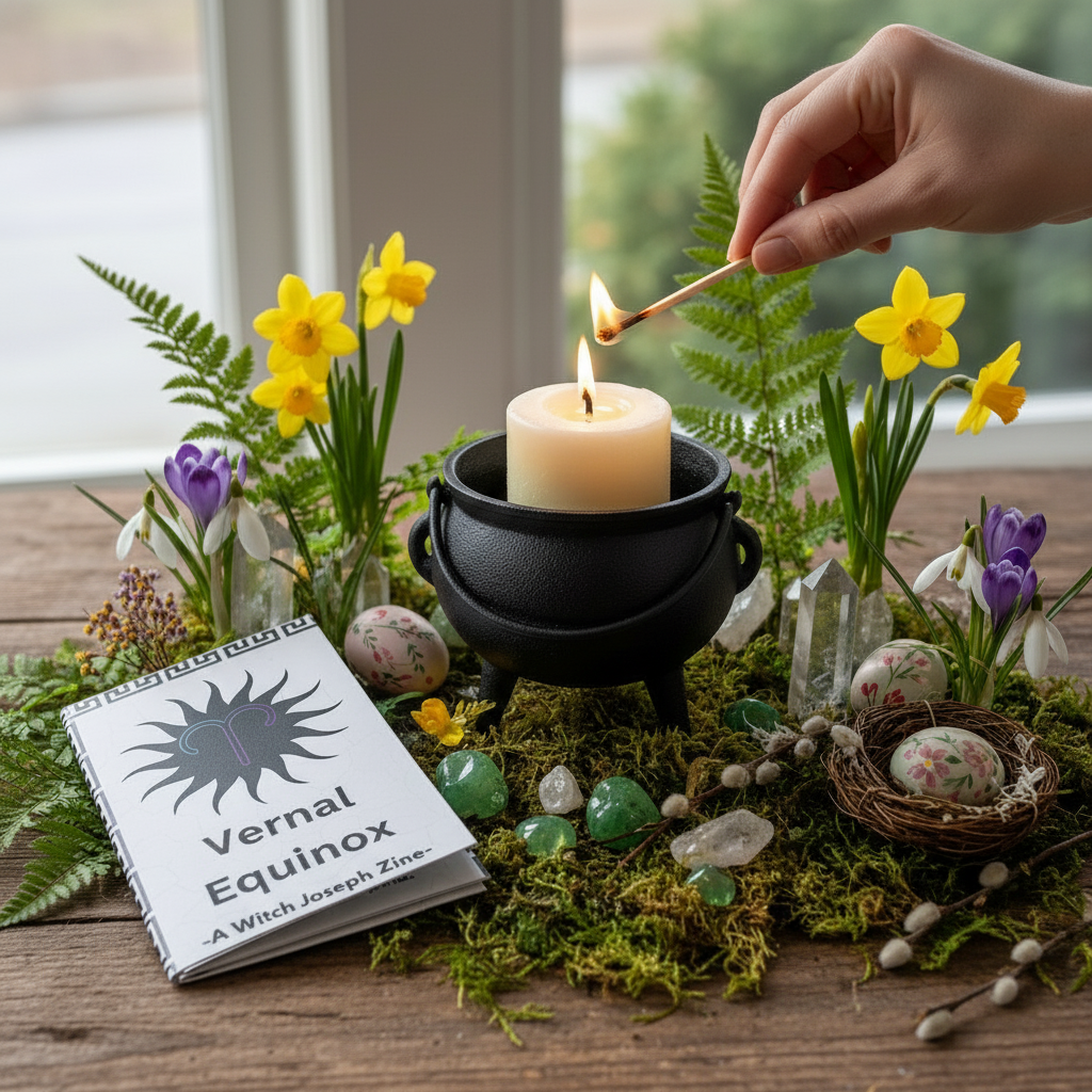 Ostara Candle being lit in a black cauldron with flowers, crystals, and a Zine titled 'Vernal Equinox' on a wooden surface.