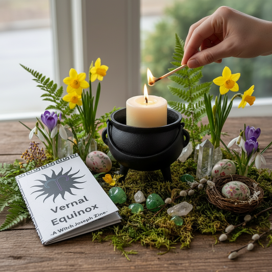 Ostara Candle being lit in a black cauldron with flowers, crystals, and a Zine titled 'Vernal Equinox' on a wooden surface.