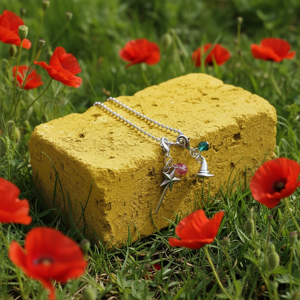 Necklace with pink and green charms on a yellow brick surrounded by red flowers