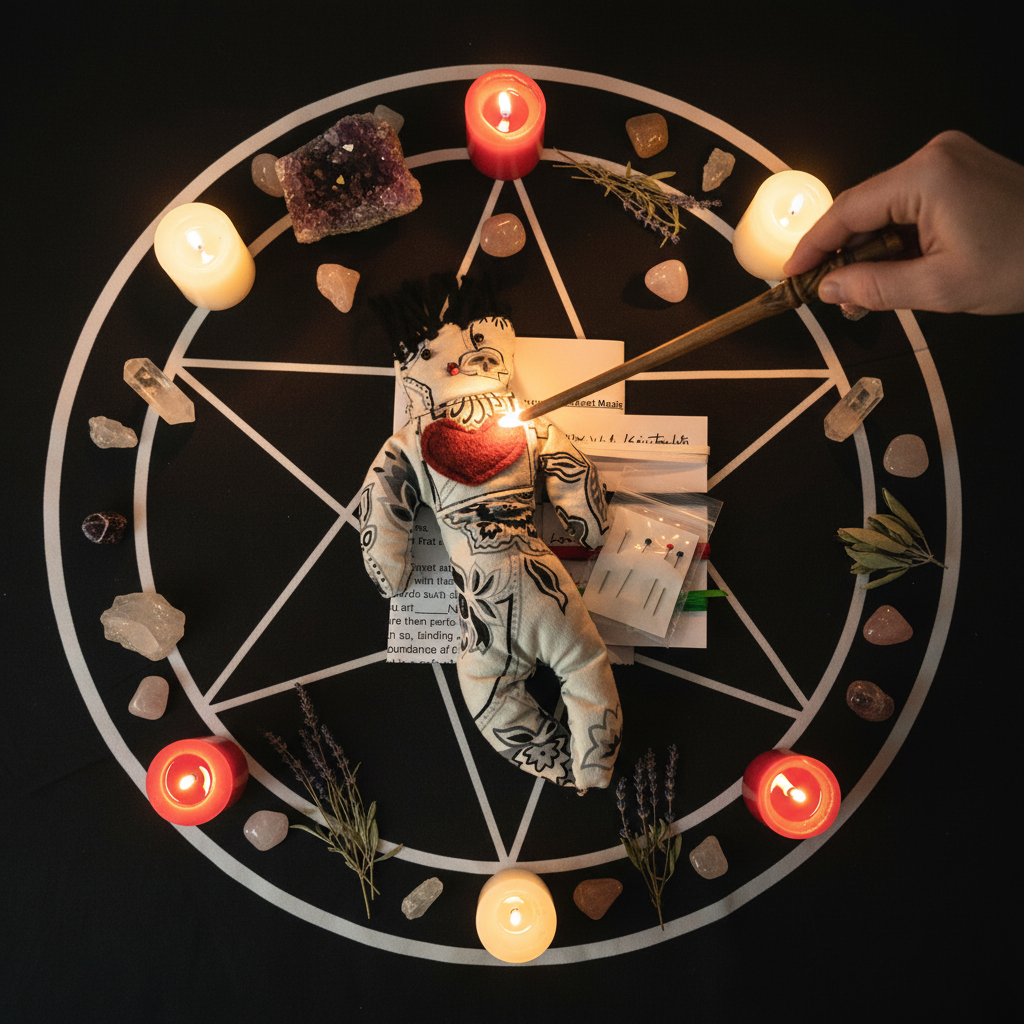 Ceremony with a doll, candles, and crystals on a pentagram patterned cloth.