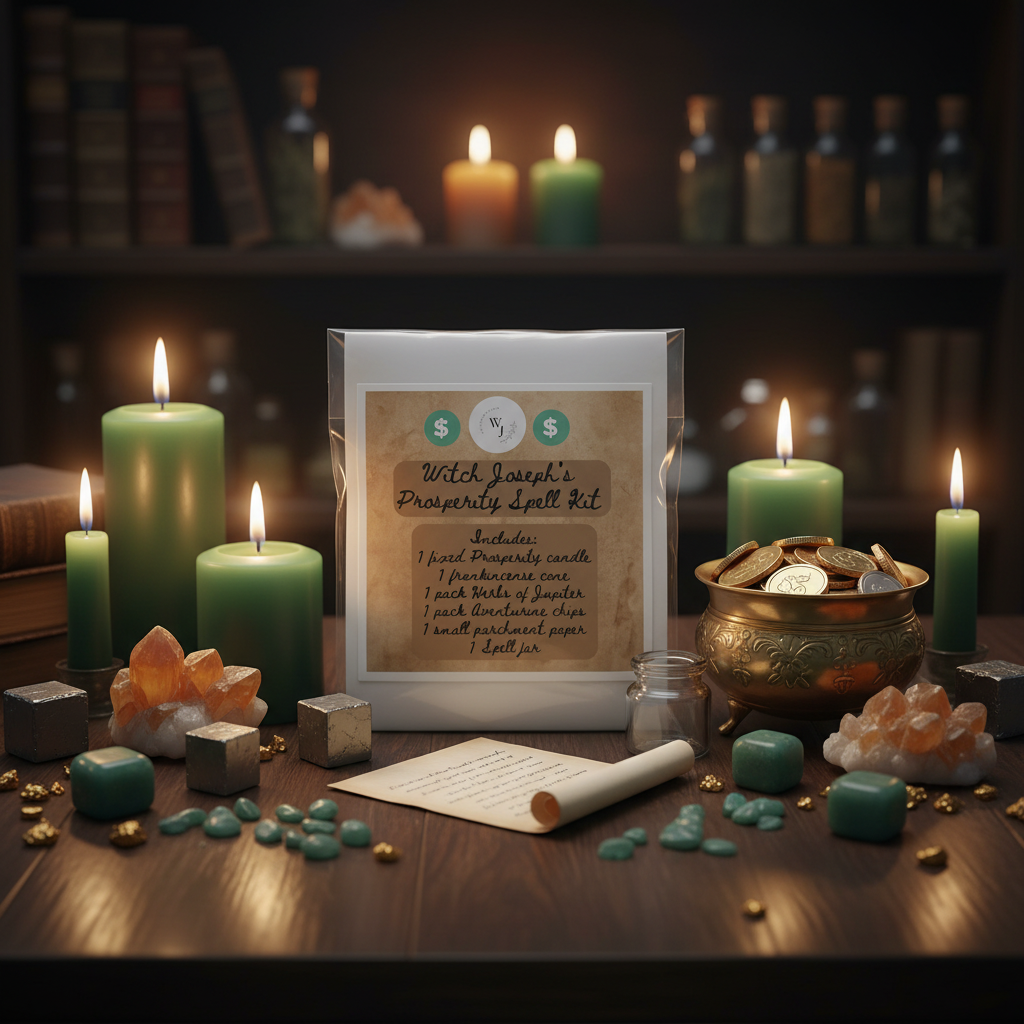 Witch Joseph's Prosperity Spell Kit with abundance candles, crystals, and a container of money on a wooden surface.