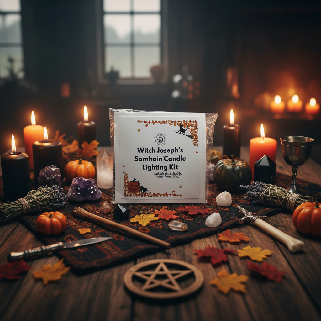 Witch Josephs Samhain candle lighting kit displayed on a witch altar for Samhain and Halloween