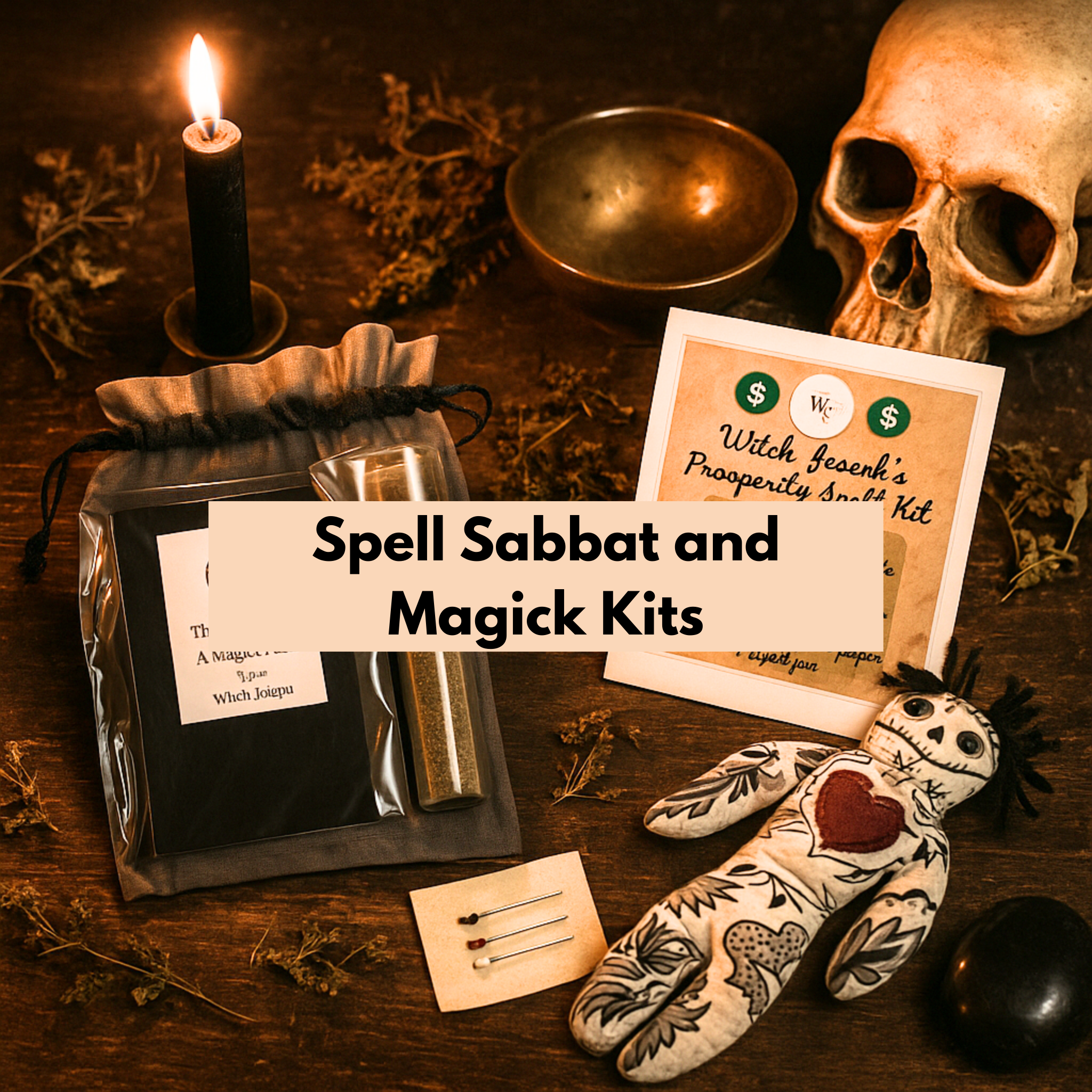 Witchy products including a skull, candle, and spell satchel on a wooden surface with text 'Spell Sabbat and Magick Kits'.