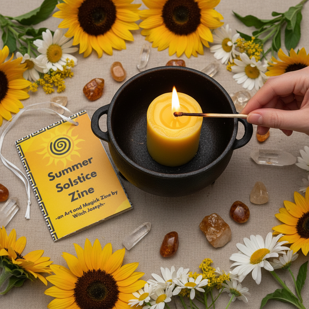 Candle being lit with a match, surrounded by sunflowers, crystals, and a 'Summer Solstice Zine' on a neutral background.