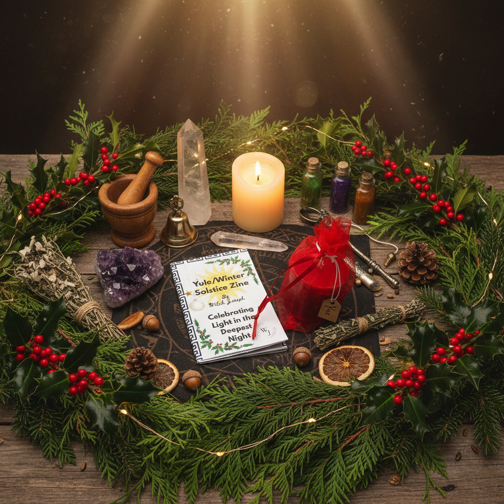 The Witch Joseph Sabbat kit items shown in a circle of Yuletide greenery and witch tools on an altar.