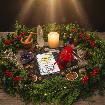 The Witch Joseph Sabbat kit items shown in a circle of Yuletide greenery and witch tools on an altar.
