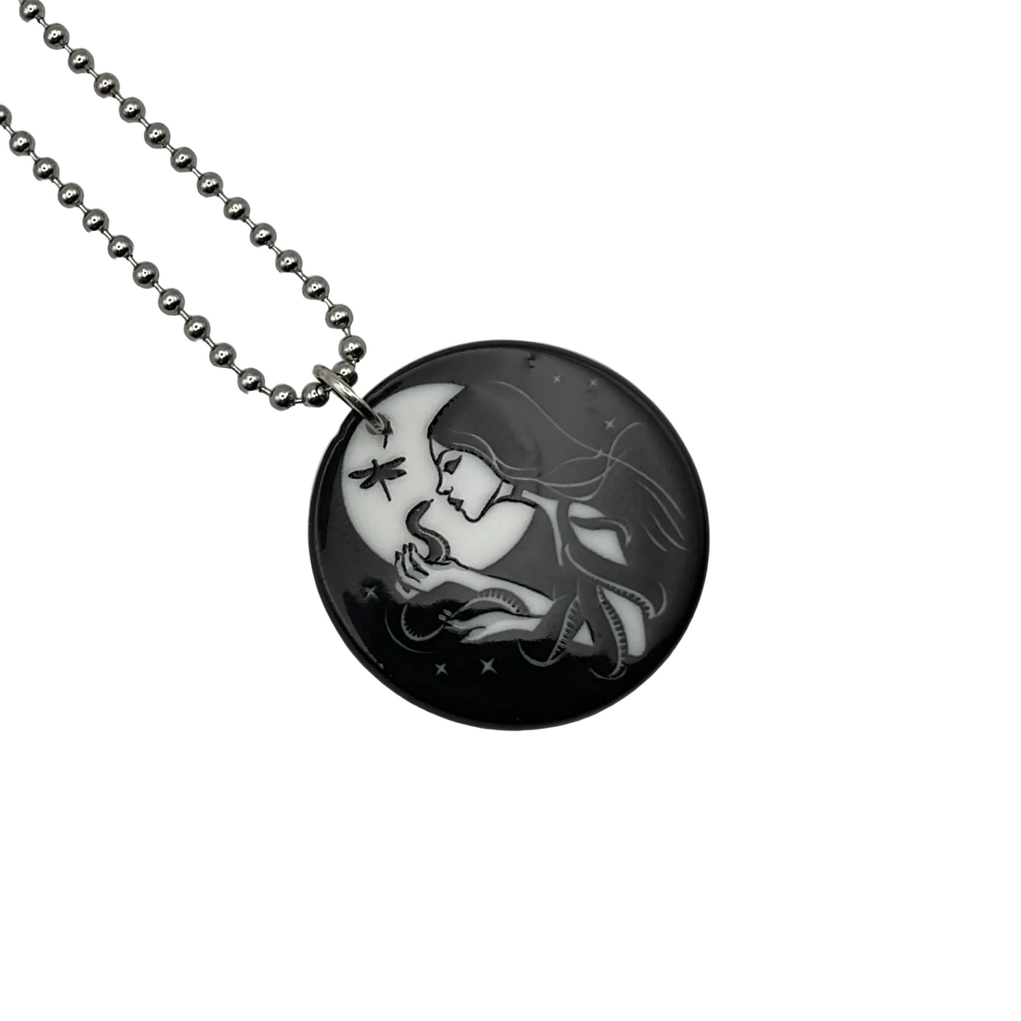 Ball chain Necklace with a circular pendant featuring an artistic design of a Witch and her snake ally on a white background