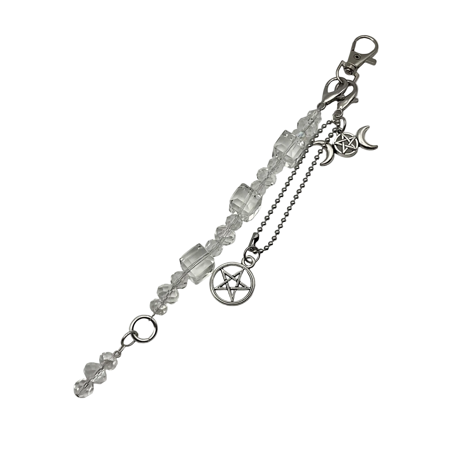 Silver bag charm  with crystal beads and pentacle and triple Goddess charms on a white background