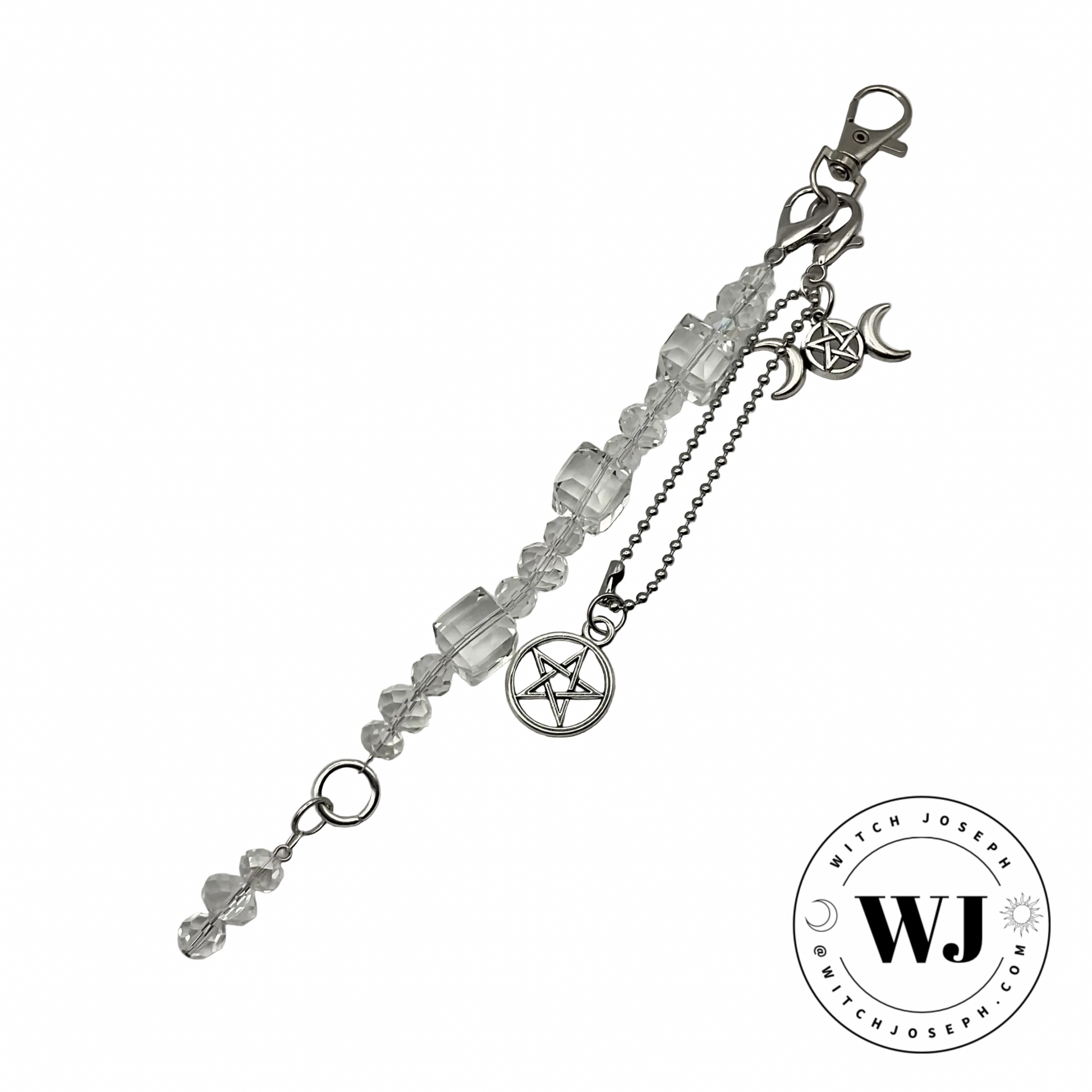 very sparkly Witchcraft pentacle triple Goddess Purse or Bag charm displayed against a white background with the Witch Joseph Logo