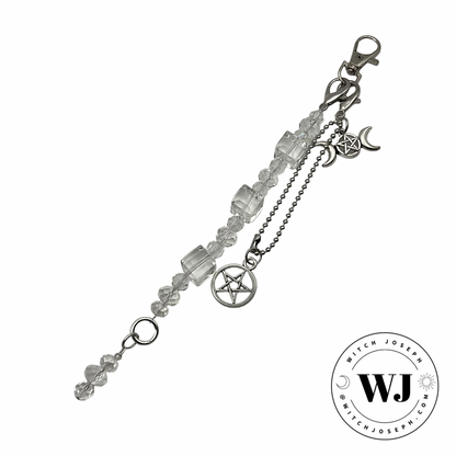 very sparkly Witchcraft pentacle triple Goddess Purse or Bag charm displayed against a white background with the Witch Joseph Logo