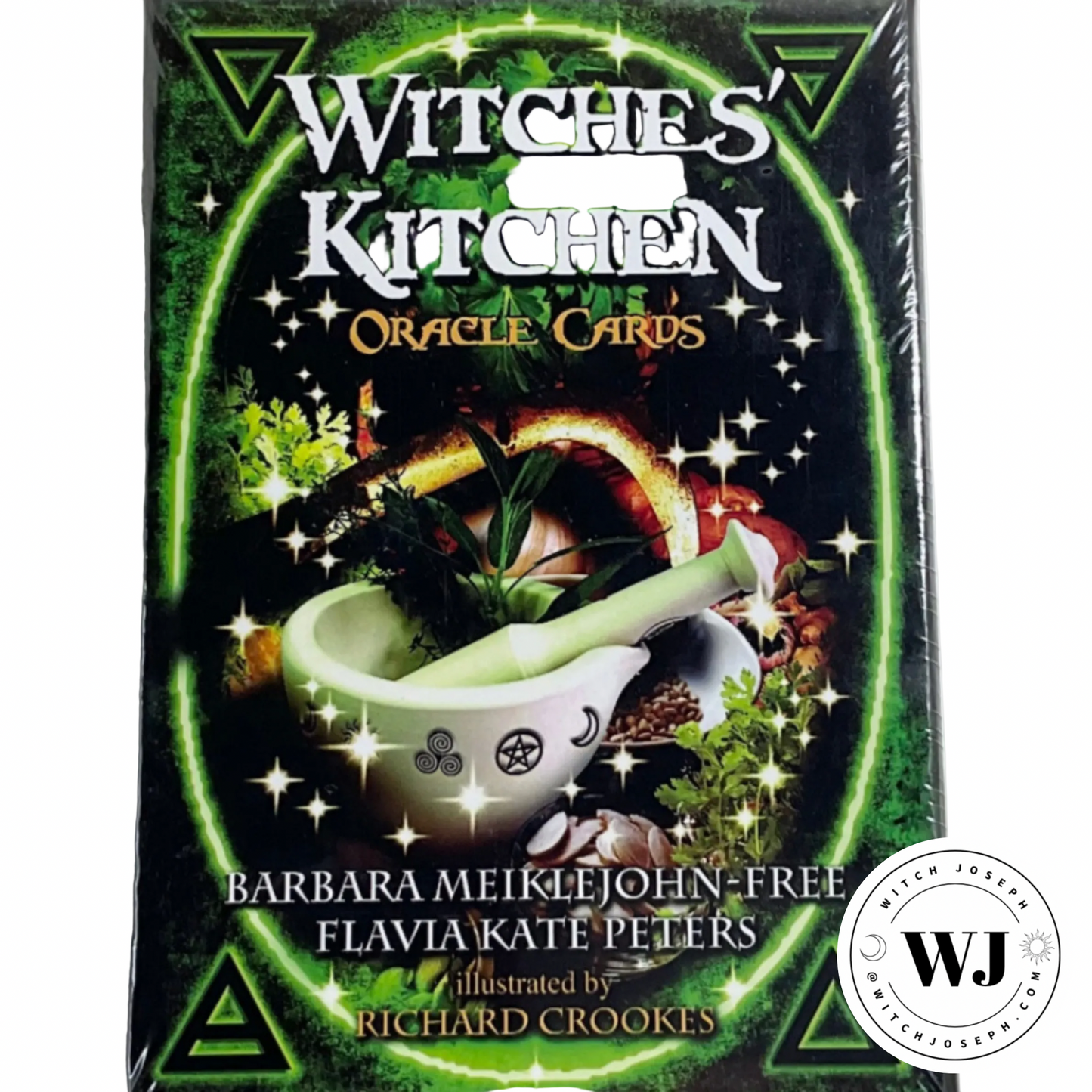 Witches' Kitchen Oracle Cards packaging with green and black design, featuring a mortar and pestle.