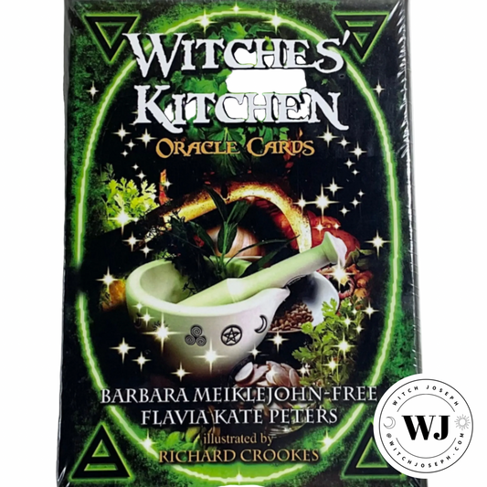 Witches' Kitchen Oracle Cards packaging with green and black design, featuring a mortar and pestle.