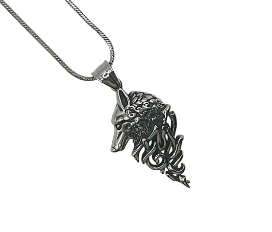 A silver-toned pendant necklace featuring a detailed wolf head design on a matching chain, photographed against a plain light gray background.