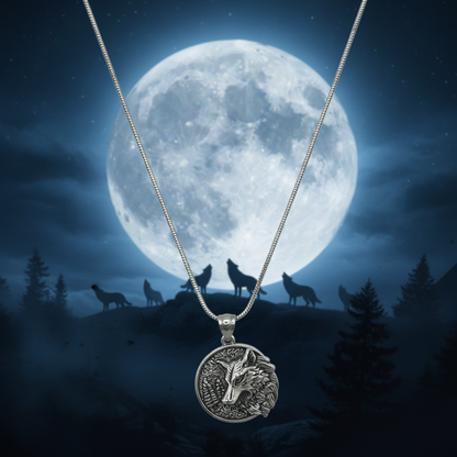 Wolf pendant necklace against a moonlit forest background with wolves in the distance