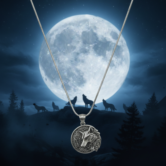 Wolf pendant necklace against a moonlit forest background with wolves in the distance