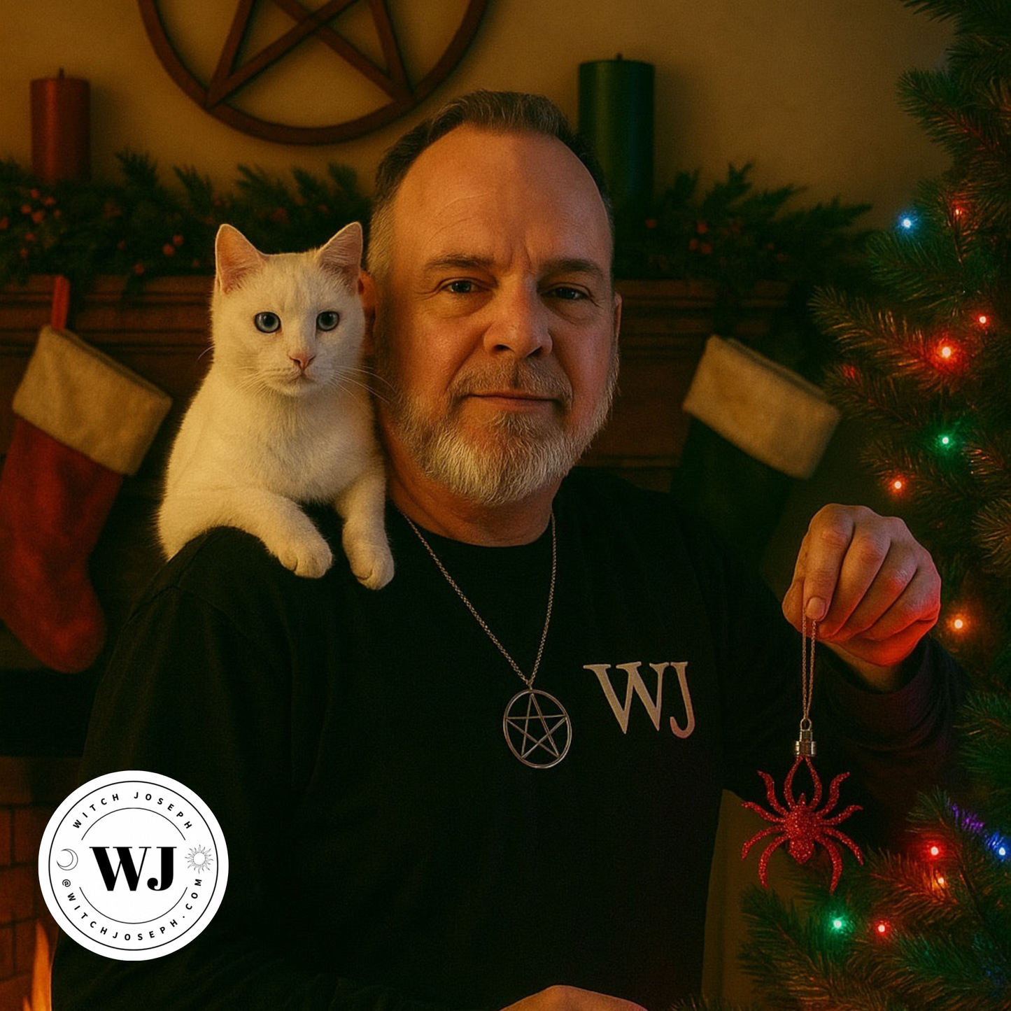 A picture of Witch Joseph with Angelique the cat hanging one of the spider ornaments on the tree…with the Witch Joseph logo