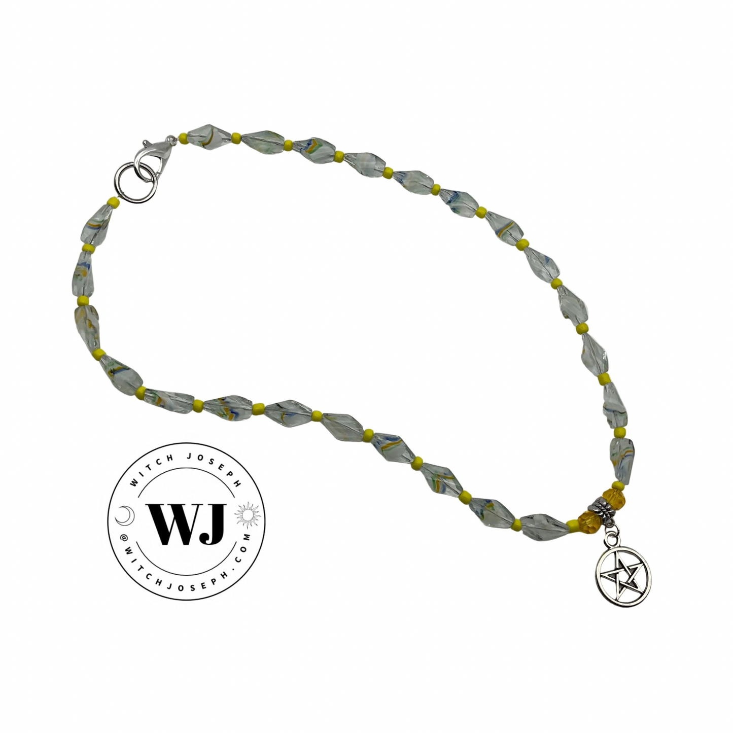 Yellow Art Beads Beaded necklace with a silver-tone Pentacle pendant on a white background, featuring the WJ brand.