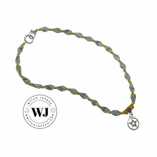 Yellow Art Beads Beaded necklace with a silver-tone Pentacle pendant on a white background, featuring the WJ brand.