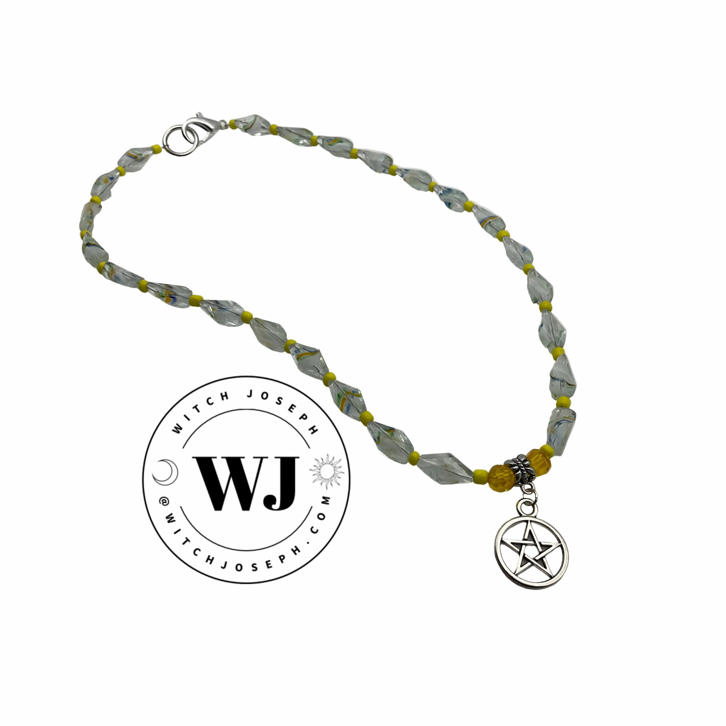 Necklace with yellow art beads and a pentacle charm on a white background, featuring the brand 'Witch Joseph'.