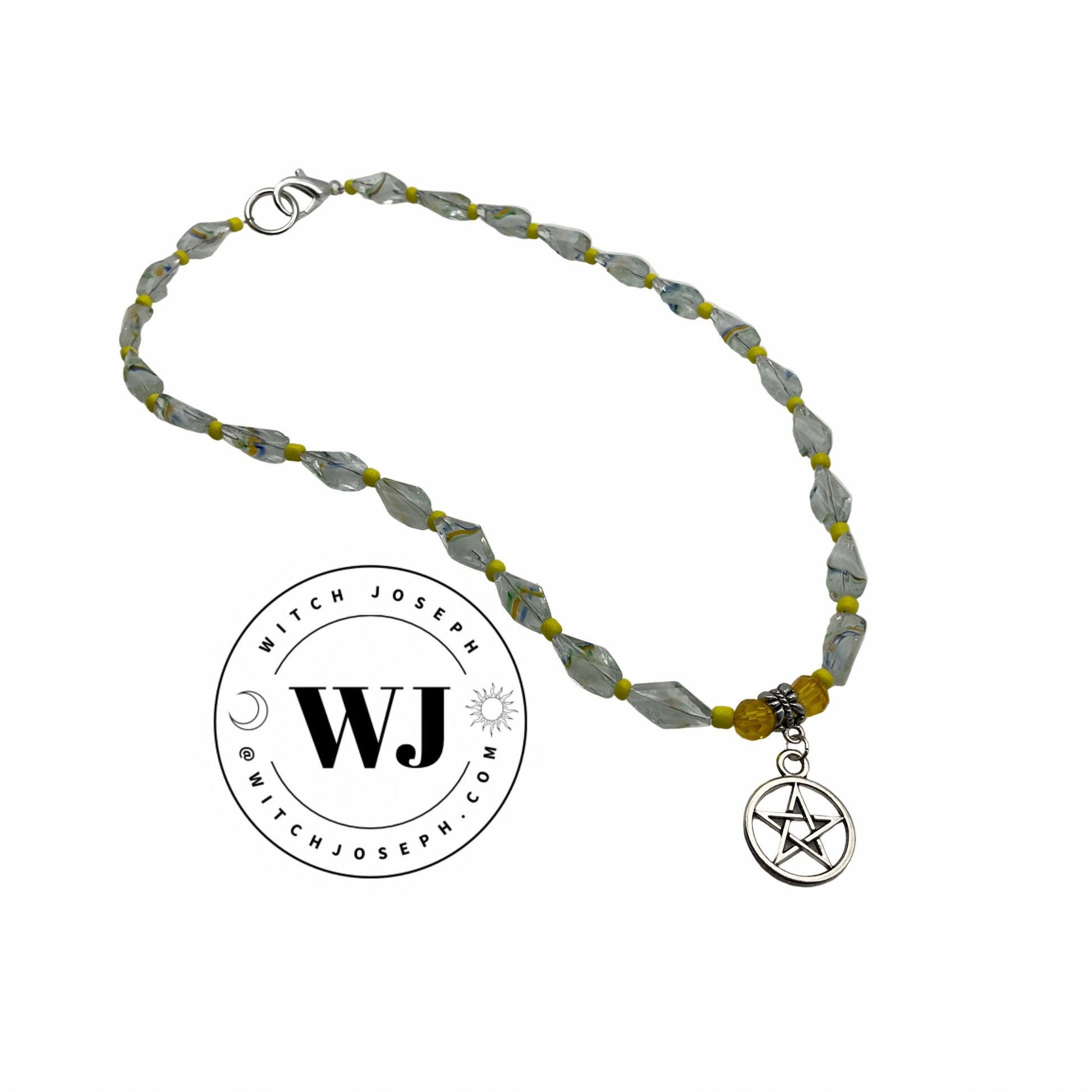 Necklace with yellow art beads and a pentacle charm on a white background, featuring the brand 'Witch Joseph'.