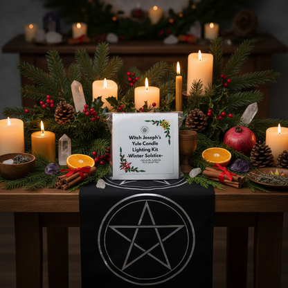 The Witch Joseph Yule Candle lighting sabbat kid on a witch altar decorated with seasonal greens crystals and herbs and warmly lit with other candles.