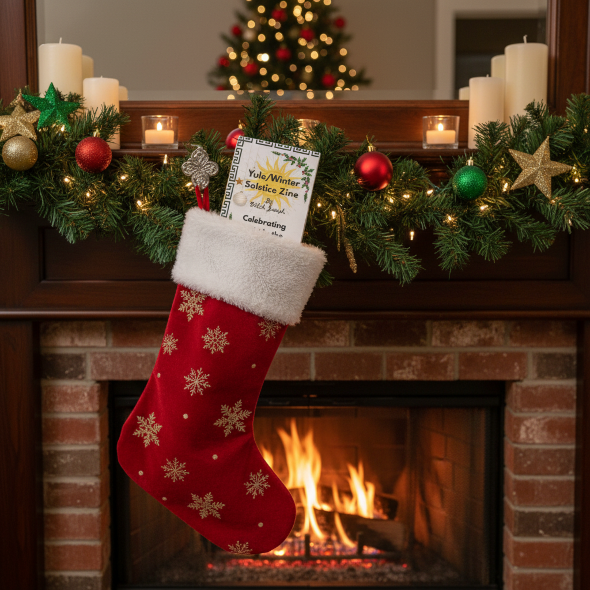 Red Christmas stocking with snowflakes on a fireplace mantel decorated with garland, candles, and a Christmas tree…the stocking has a Yule Zine tucked in it