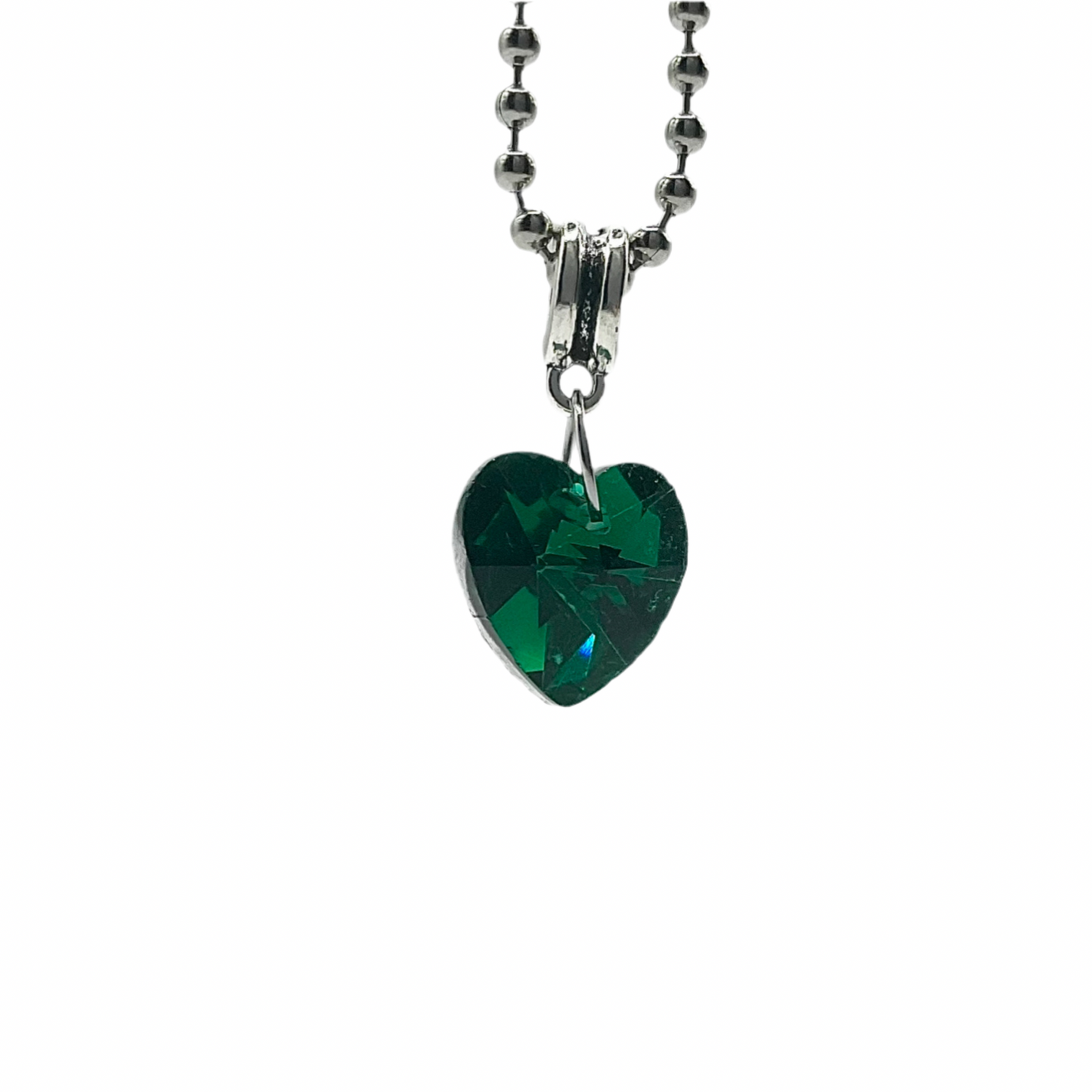 Ball chain Necklace with a green heart-shaped crystal pendant on a white background