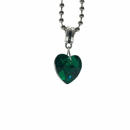 Ball chain Necklace with a green heart-shaped crystal pendant on a white background