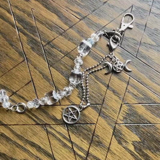 Witchcraft Pentacle Purse Charm with Triple Goddess – Crystal Bag Charm Dangle, Witchy Keychain, Zipper Pull, Pagan Protection Ward, Crystal Sun Catcher